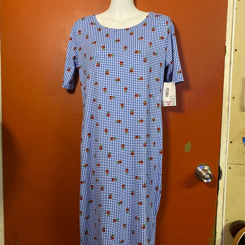 NWT LuLaRoe Women’s Light Blue Gingham Julia Rose Print Dress